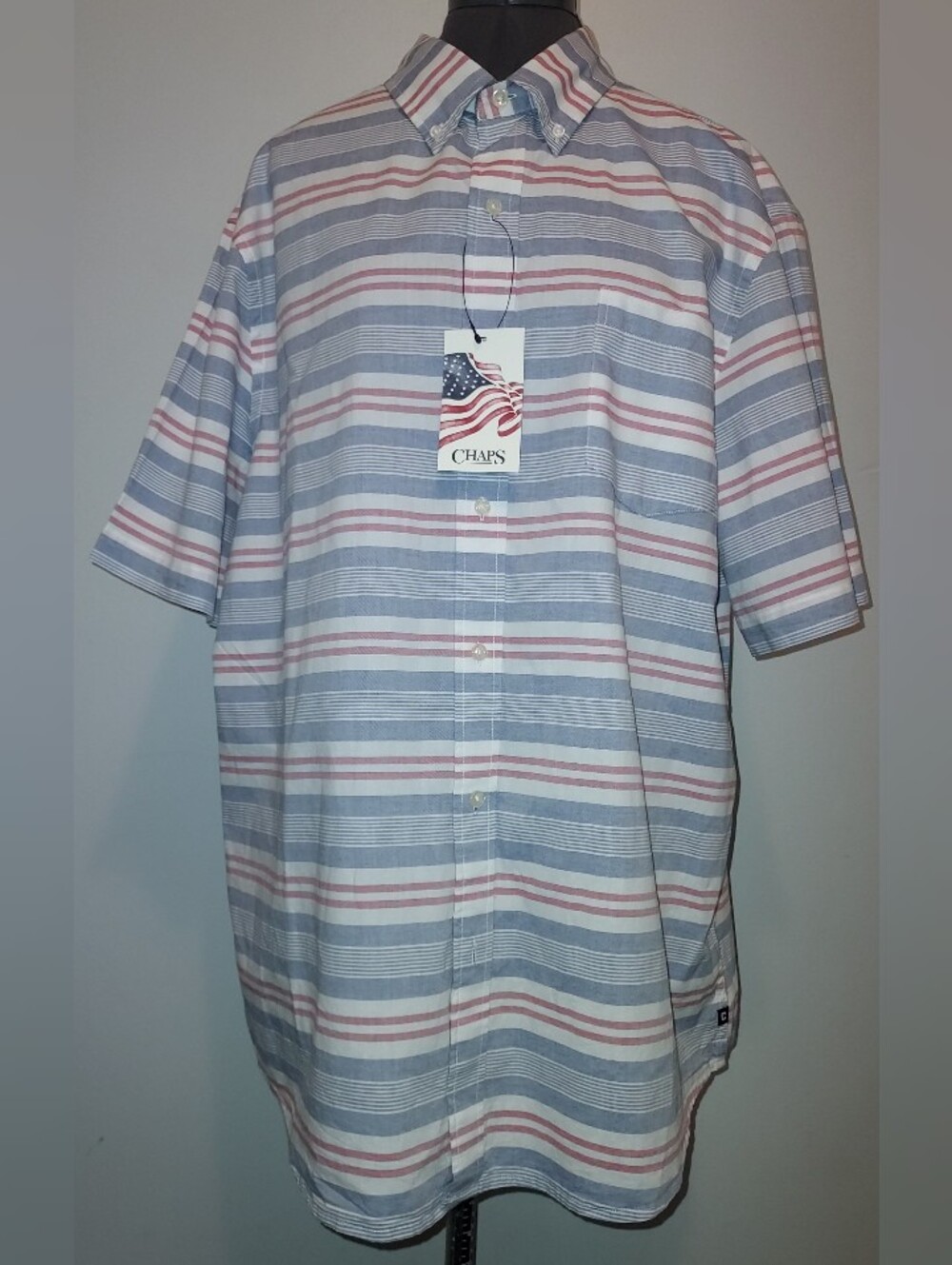 Chaps Short-Sleeve Button-Down in Blue and Pink Stripe